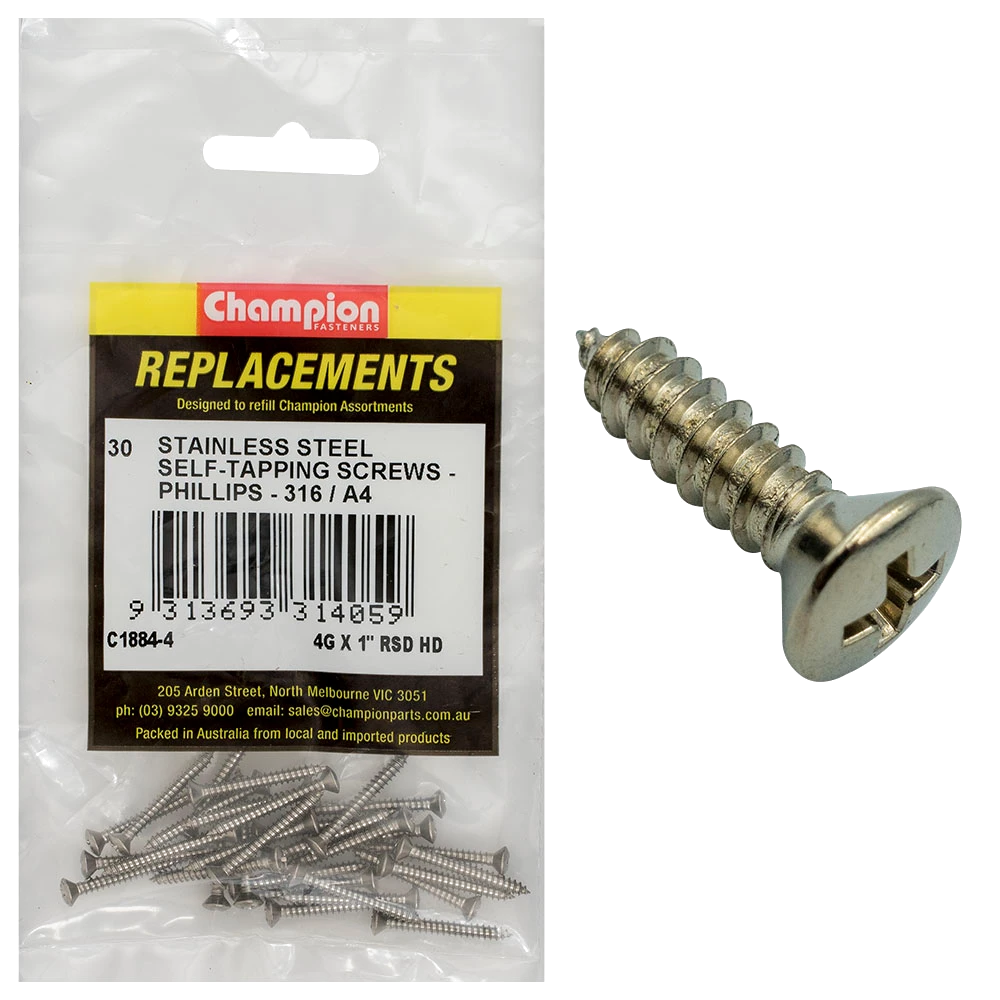 Champion 4G x 1in S/Tapping Screw -Rsd -Ph -316/A4 -30pk