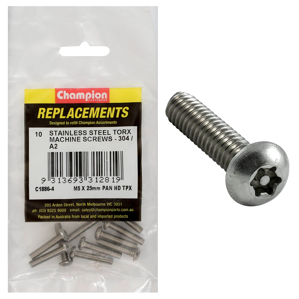 Champion M5 x 25mm Machine Screw -Pan -Tpx -304/A2 -10pk