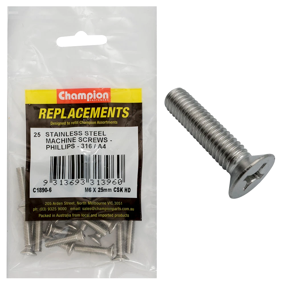 Champion M6 x 25mm Machine Screw -Csk -Ph -316/A4 -25pk