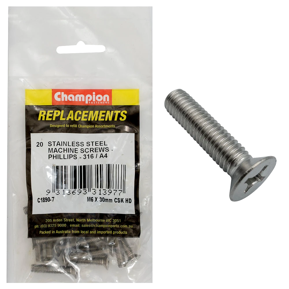 Champion M6 x 30mm Machine Screw -Csk -Ph -316/A4 -20pk