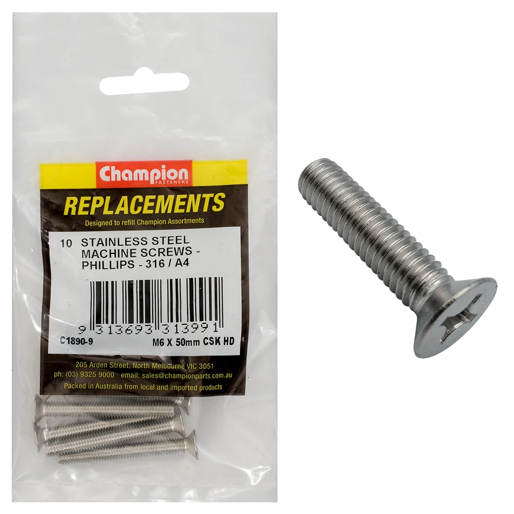 Champion M6 x 50mm Machine Screw -Csk -Ph -316/A4 -10pk