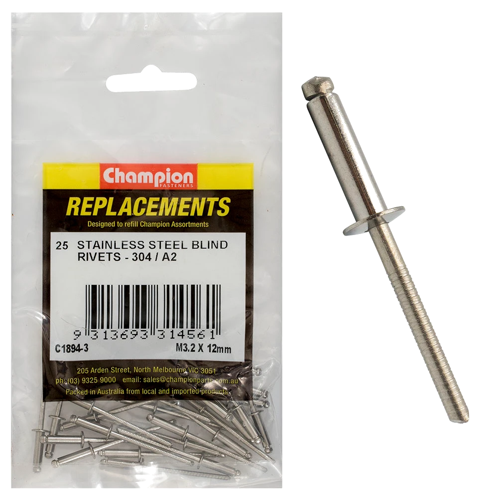 Champion 3.2mm x 12mm Blind Rivet -304/A2 -25pk