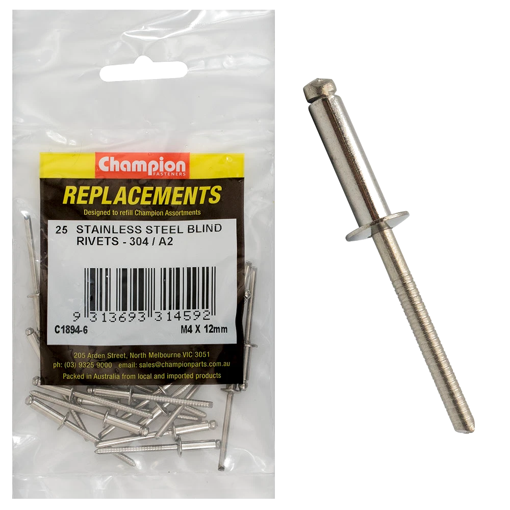 Champion 4.0mm x 12mm Blind Rivet -304/A2 -25pk