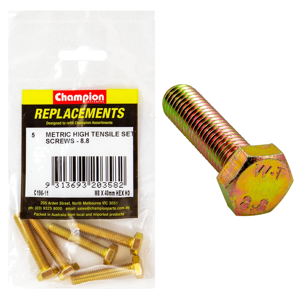 Champion M8 x 40mm x 1.25 Set Screw -Gr.8.8 -5pk