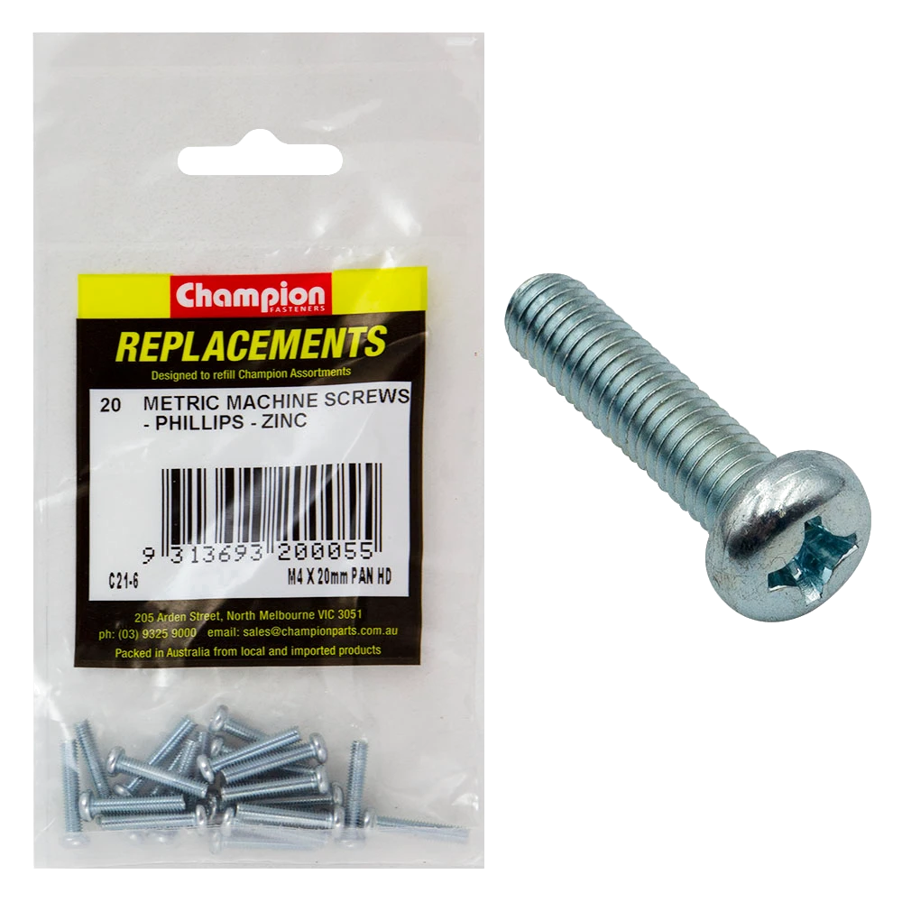 Champion M4 x 20mm Machine Screw P/H Phillips -20pk