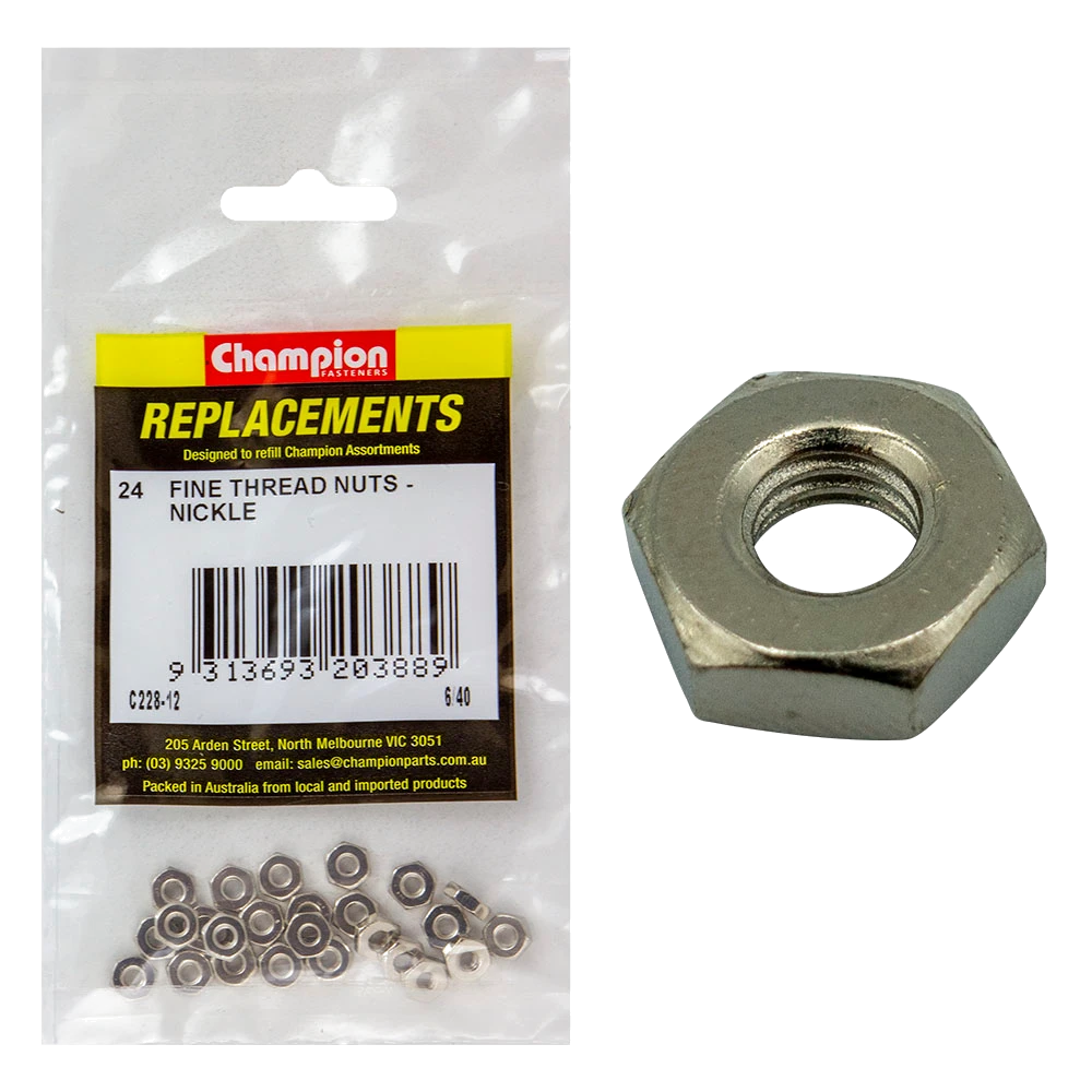 Champion 6/40in UNF Hexagonal Nut (Ni) -24pk