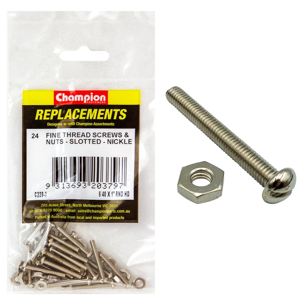 Champion 6/40 x 1in UNF Rnd Hd Machine Screw & Nut (Ni)-24pk