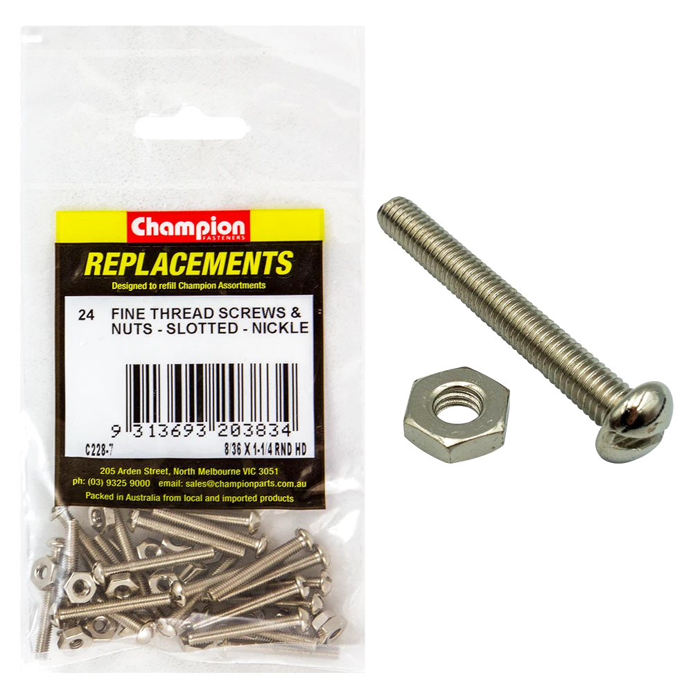 Champion 8/36in x 1-1/4in UNF Rnd Hd Machine Scr & Nut (Ni)