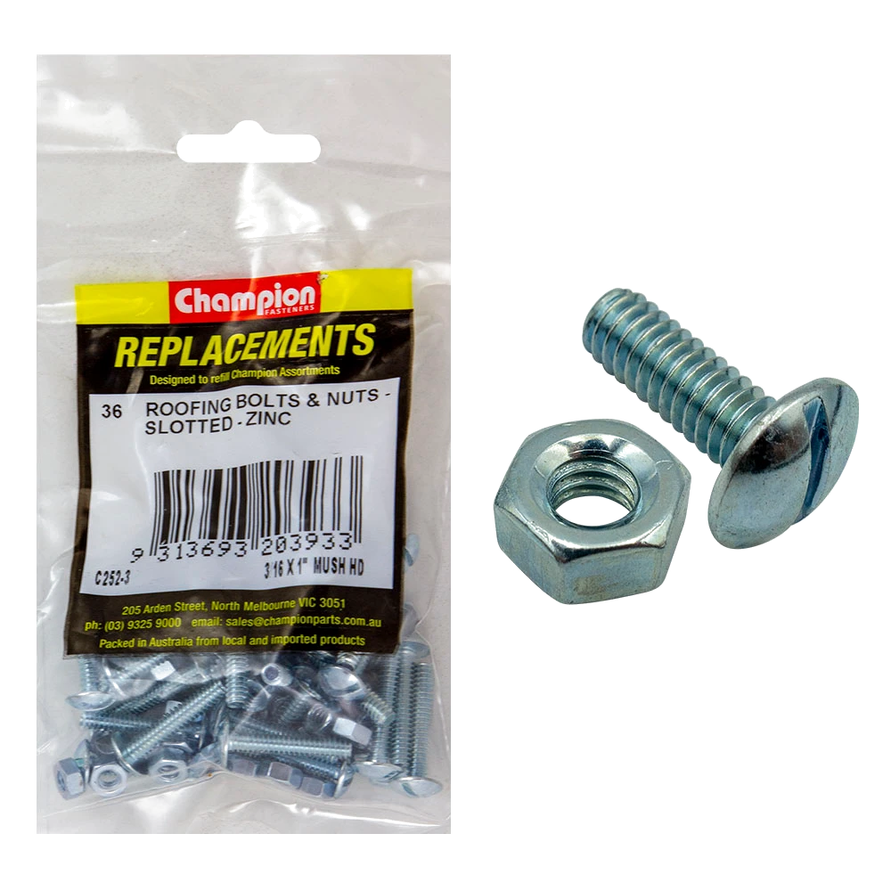 Champion 3/16in x 1in UNC Roofing Set Screw & Nut (Zn) -36pk