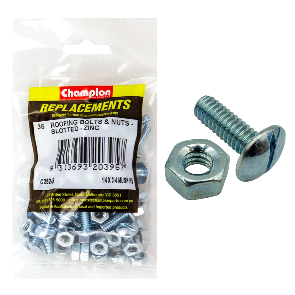Champion 1/4in x 3/4in UNC Roofing Set Screw & Nut (Zn)-36pk