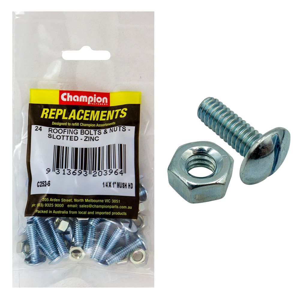 Champion 1/4in x 1in UNC Roofing Set Screw & Nut (Zn) -24pk