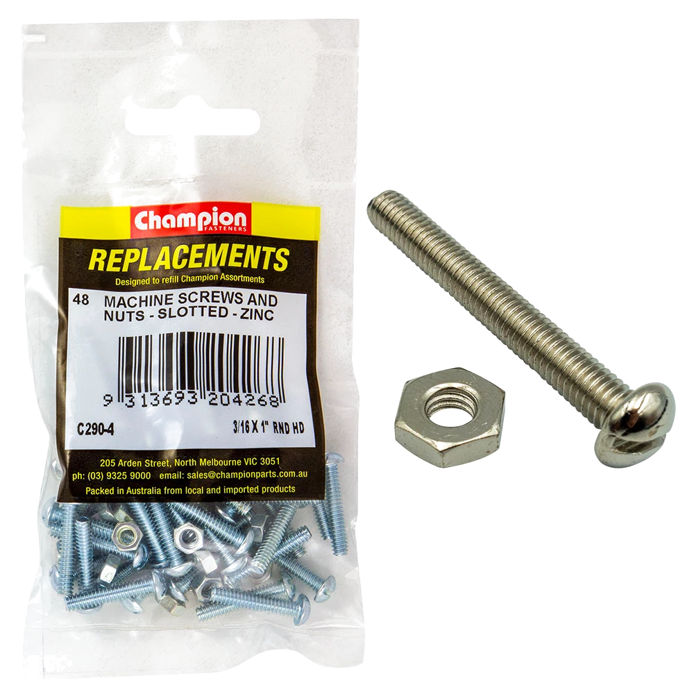 Champion 3/16in x 1in BSW Rnd Head Machine Screw & Nut (Zn)