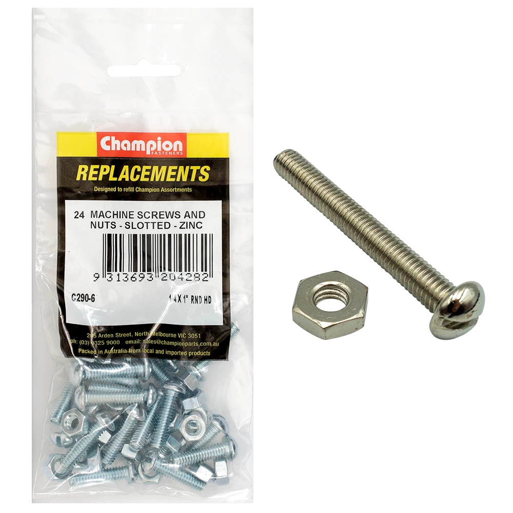 Champion 1/4 x 1in BSW Rnd Head Machine Screw & Nut - 24pk
