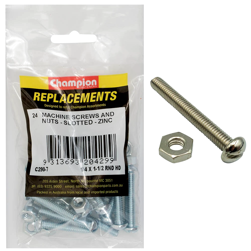 Champion 1/4 x 1-1/2in BSW Rnd Hd Machine Screw & Nut - 24pk