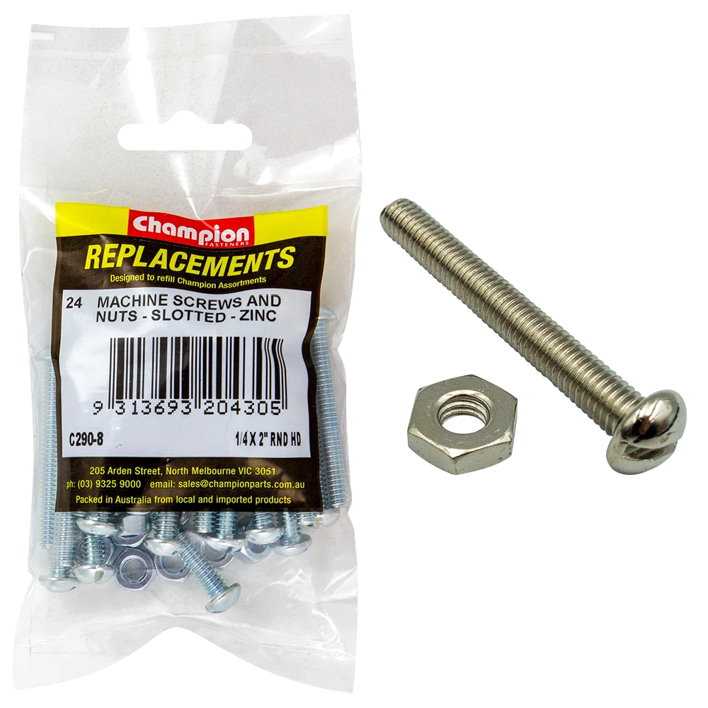 Champion 1/4 x 2in BSW Rnd Head Machine Screw & Nut - 24pk