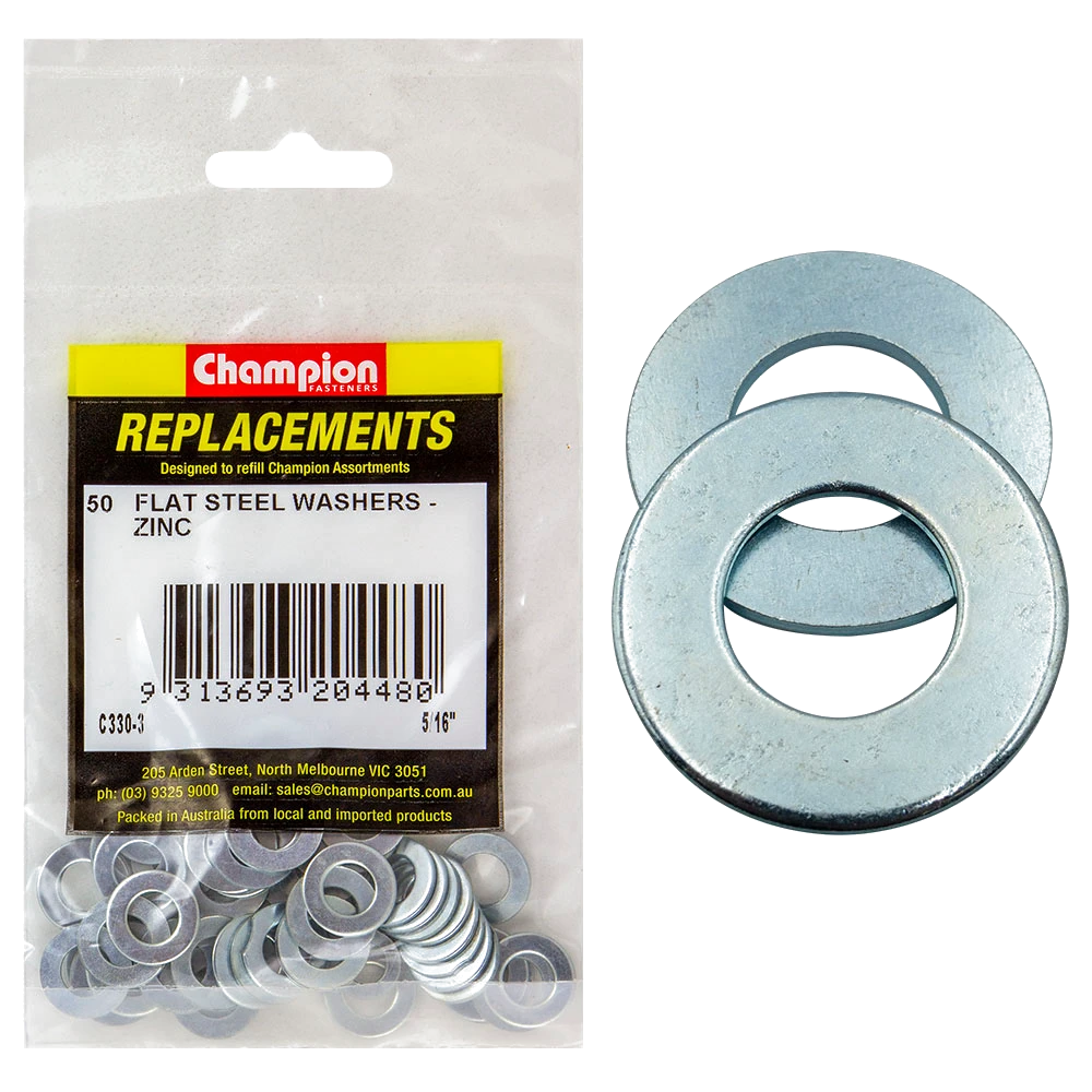 Champion 5/16in x 5/8in x 18G Flat Steel Washer -50pk