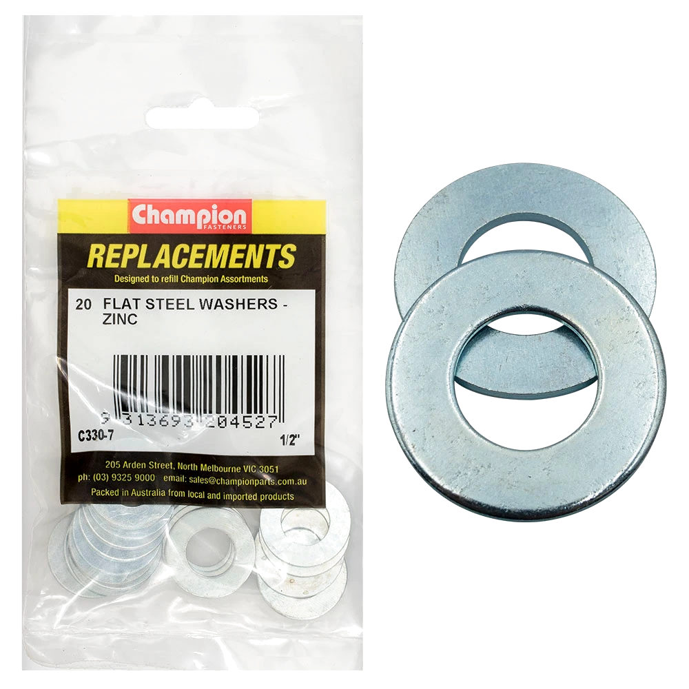 Champion 1/2in x 1in x 16G Flat Steel Washer -20pk