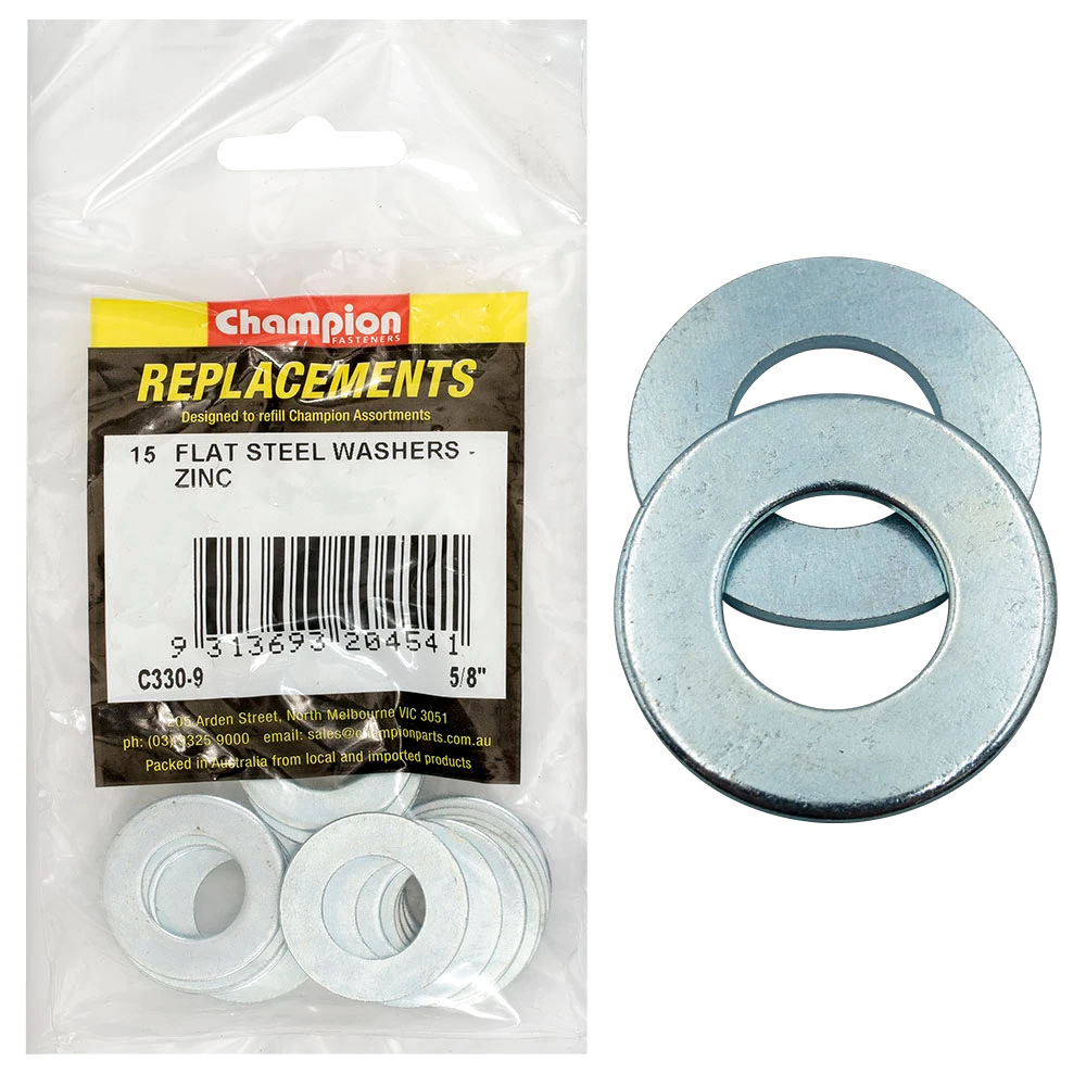 Champion 5/8in x 1-1/4in x 15G Flat Steel Washer -15pk