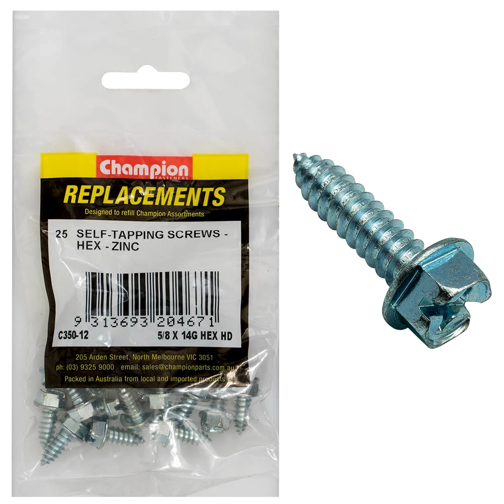 Champion 14G x 5/8in S/Tapping Screw Hex Head Phillips -25pk