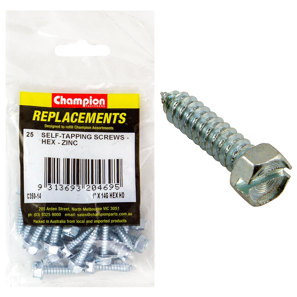 Champion 14G x 1in S/Tapping Screw Hex Head Phillips -25pk