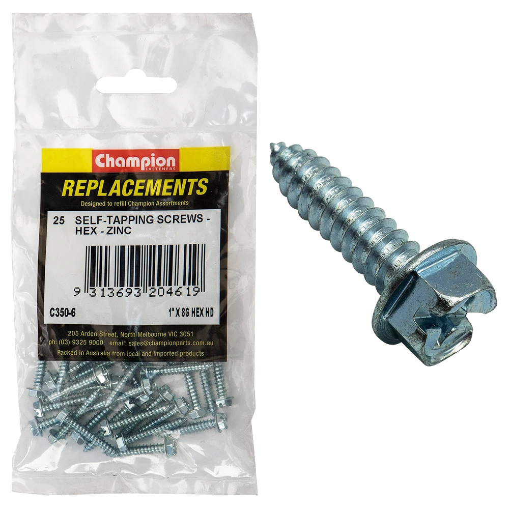 Champion 8G x 1in S/Tapping Screw Hex Head Phillips -25pk