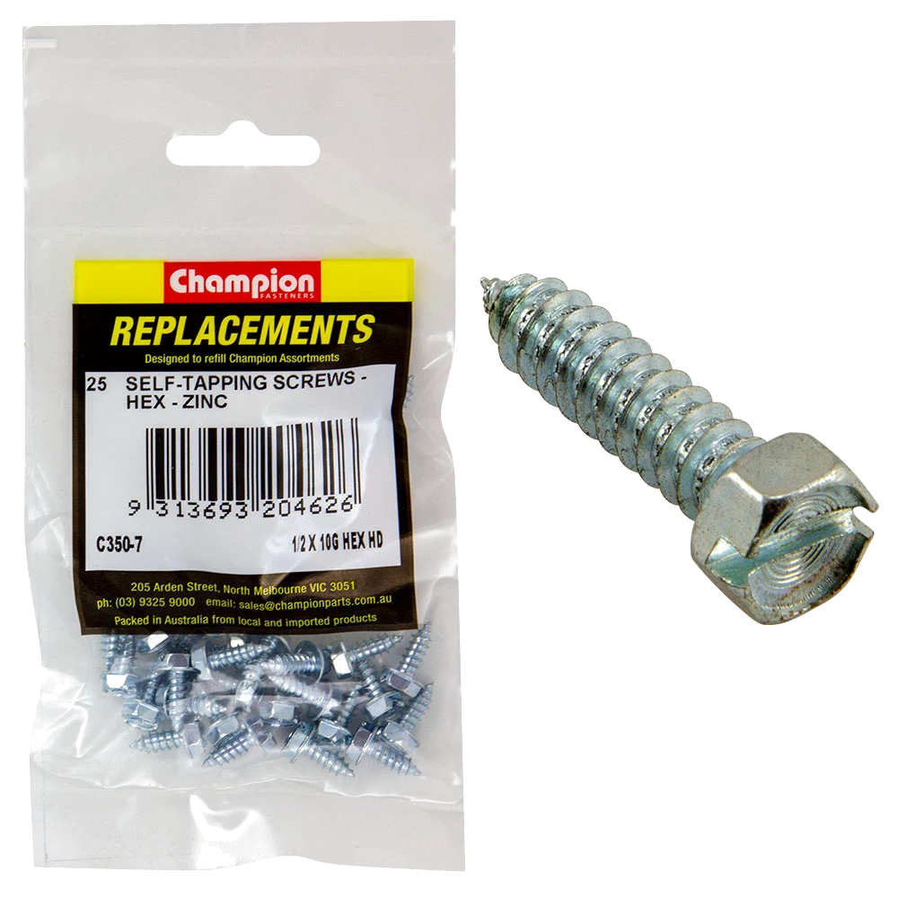 Champion 10G x 1in S/Tapping Screw Hex Head Phillips -25pk