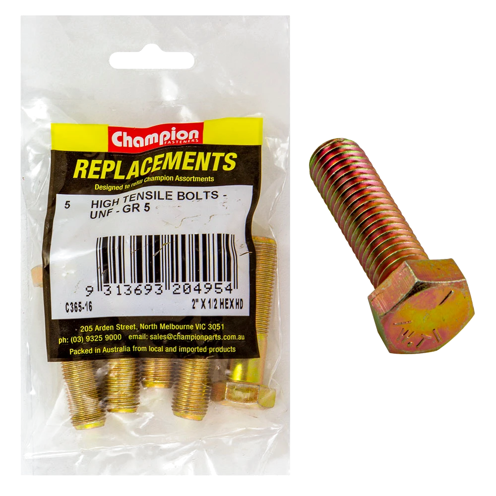 Champion 1/2in x 2in UNF Bolt -Gr5 -5pk