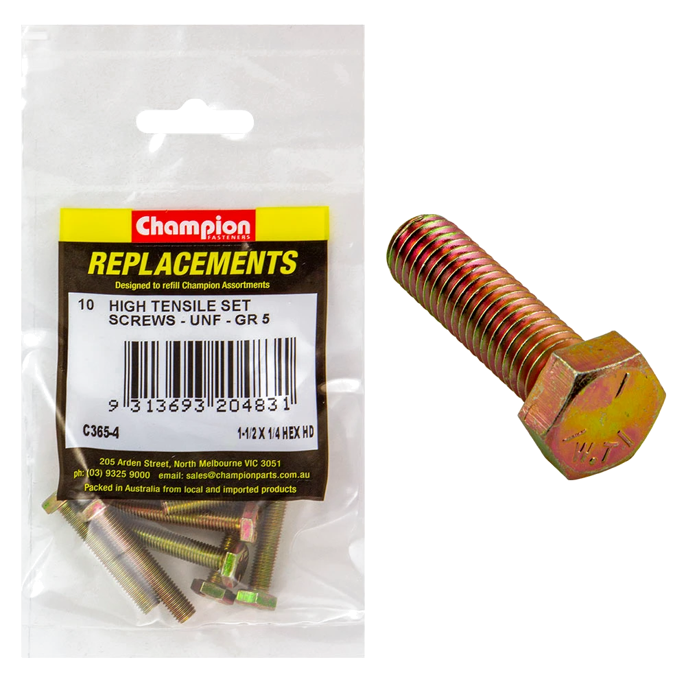 Champion 1/4in x 1-1/2in UNF Set Screw -Gr5 -10pk