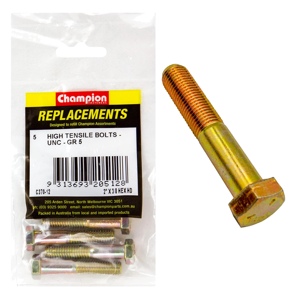 Champion 3/8in x 2in UNC Bolt -Gr5 -5pk