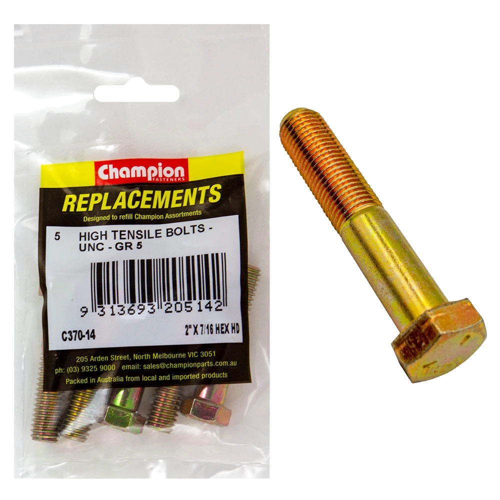 Champion 7/16in x 2in UNC Bolt -Gr5 -5pk