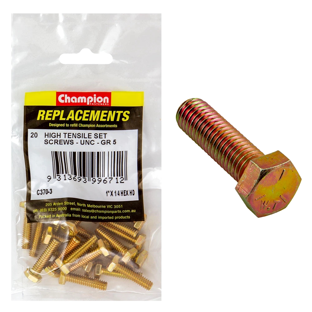 Champion 1/4in x 1in UNC Set Screw -Gr5 -20pk