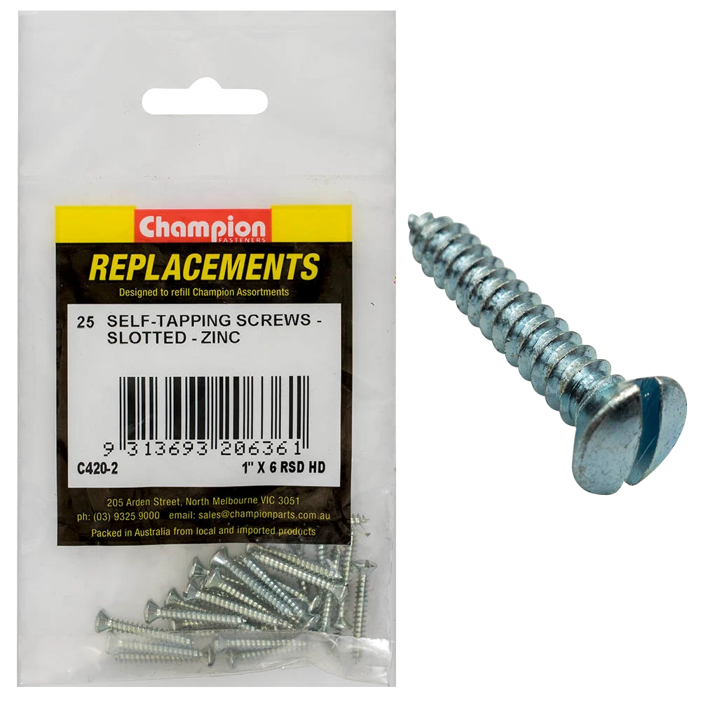 Champion 6G x 1in S/Tapping Screw Rsd Head Slotted -25pk
