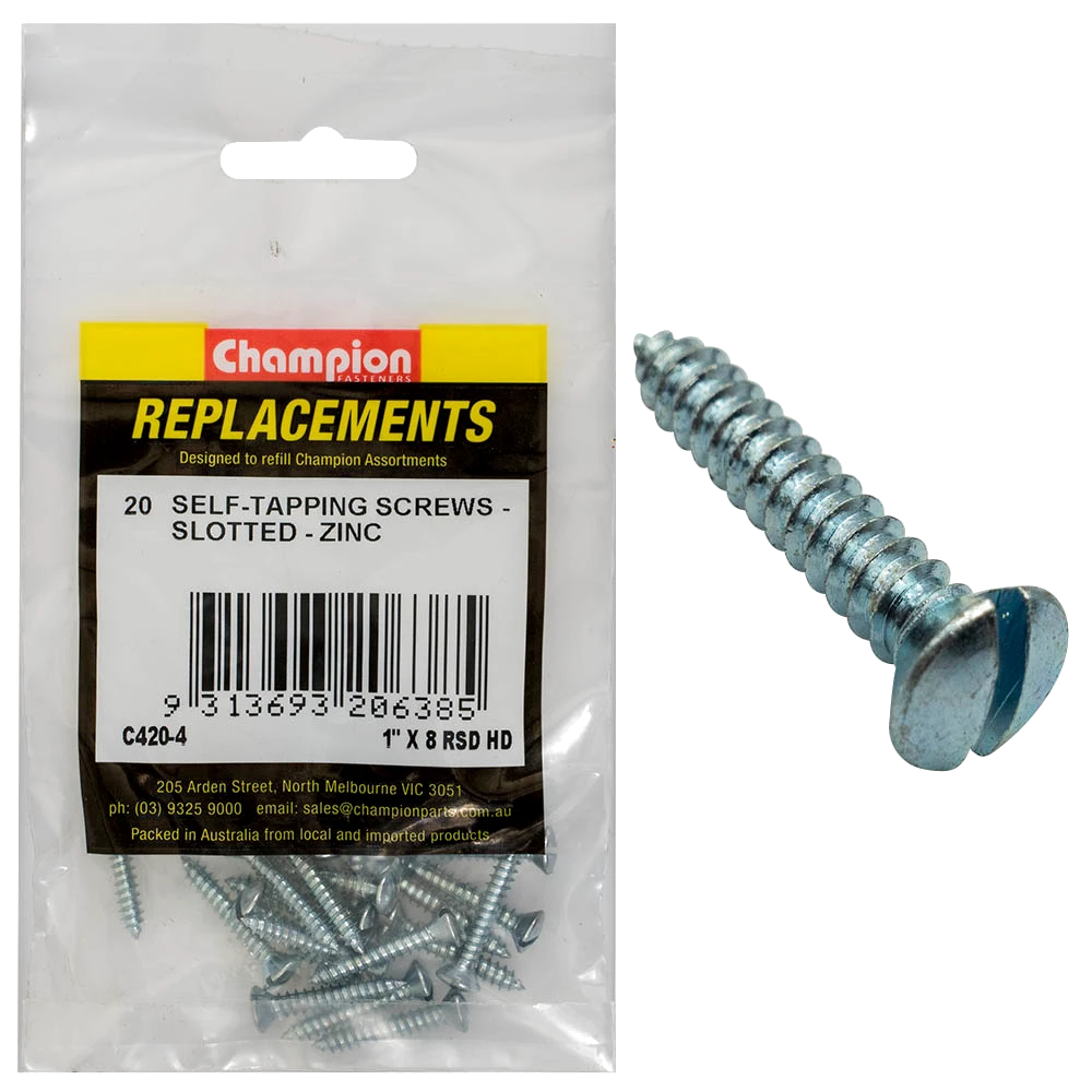 Champion 8G x 1in S/Tapping Screw Rsd Head Slotted -20pk