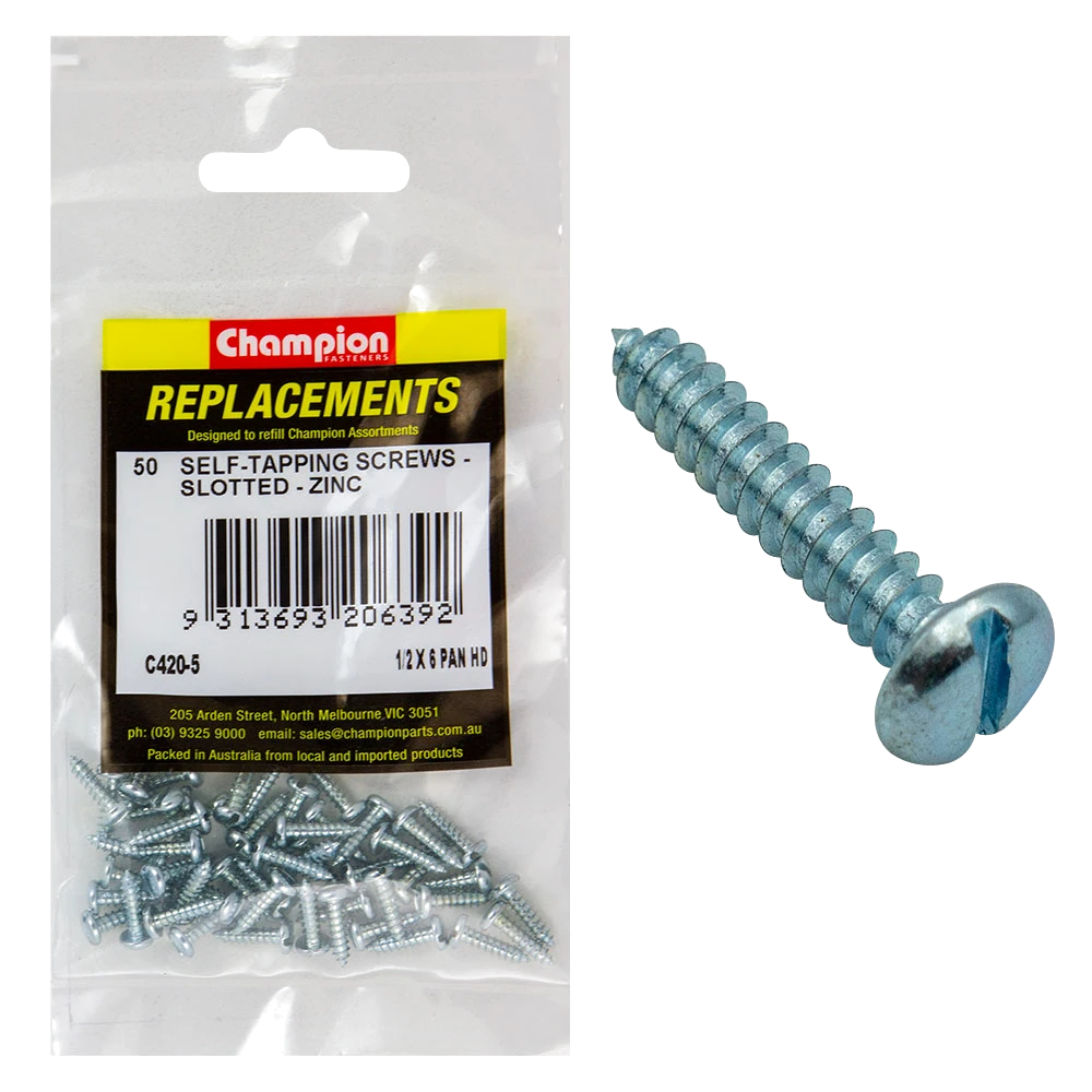 Champion 6G x 1/2in S/Tapping Screw Pan Head Slotted -50pk