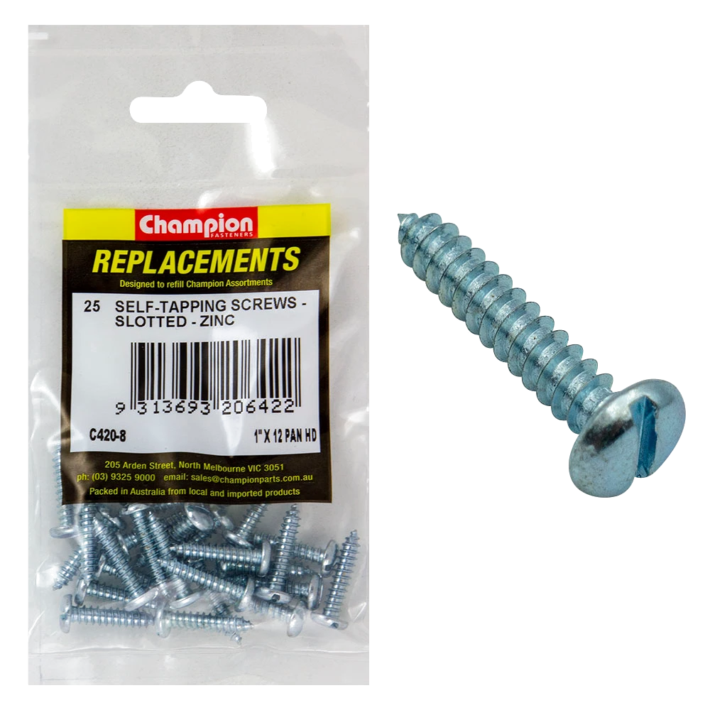 Champion 12G x 1in S/Tapping Screw Pan Head Slotted -25pk