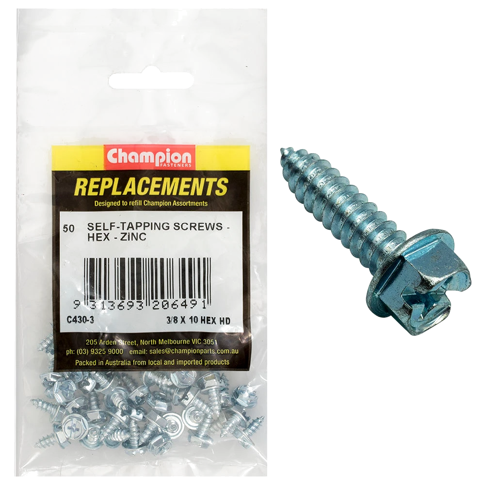 Champion 10G x 3/8in S/Tapping Screw Hex Head Phillips -50pk