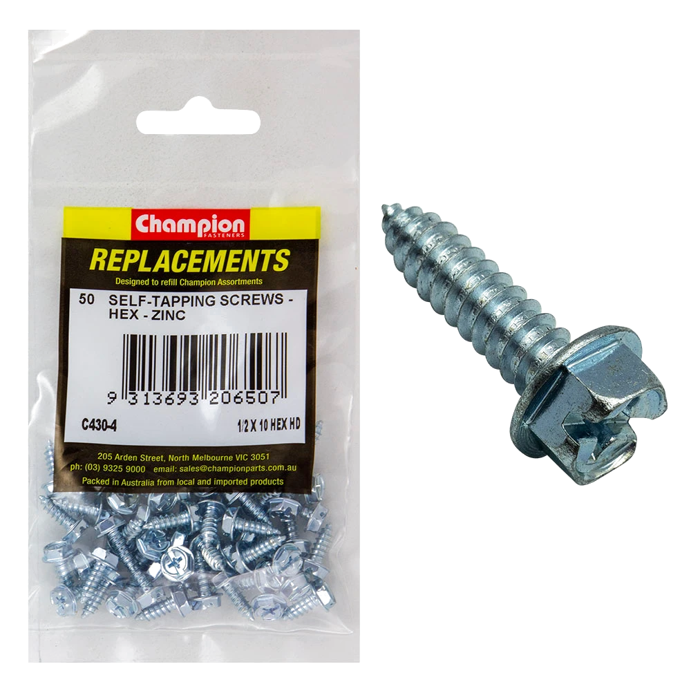 Champion 10G x 1/2in S/Tapping Screw Hex Head Phillips -50pk
