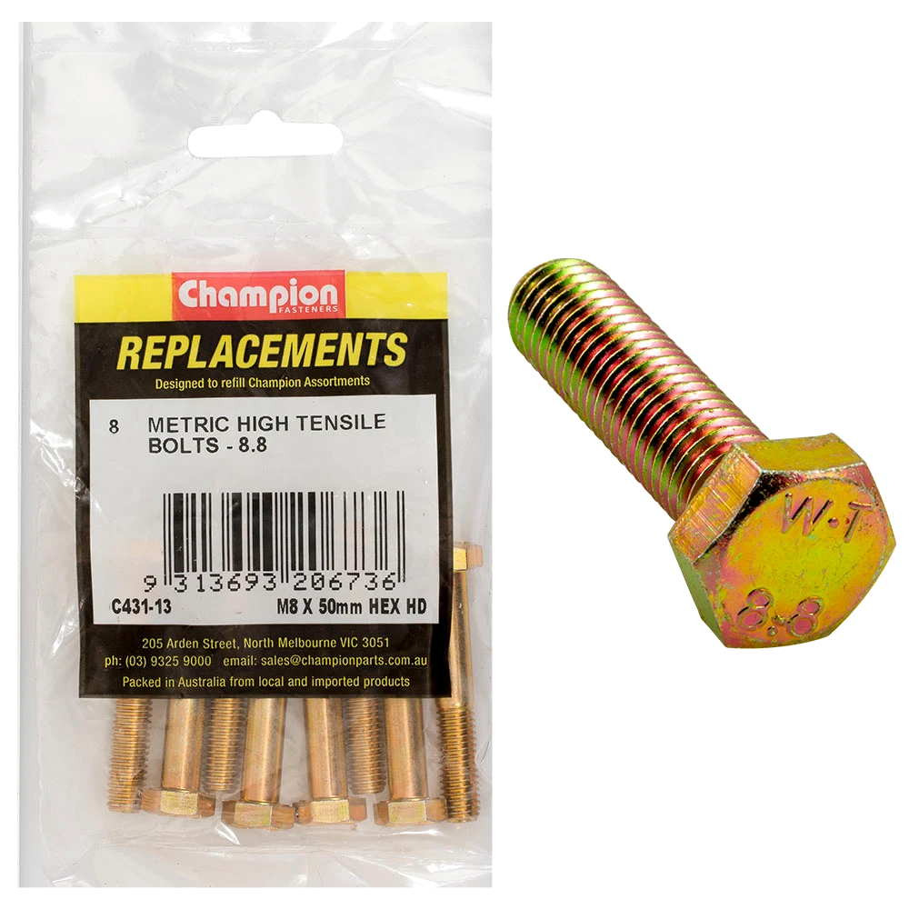 Champion M8 x 50mm x 1.25 Bolt -Gr8.8 -8pk