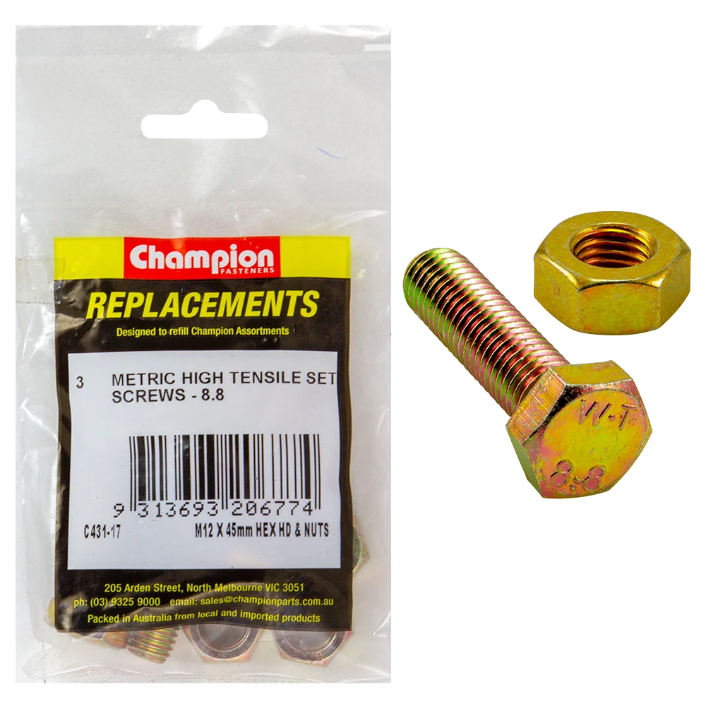 Champion M12 x 45mm x 1.75 Set Screw W/Nut -Gr8.8 -3pk