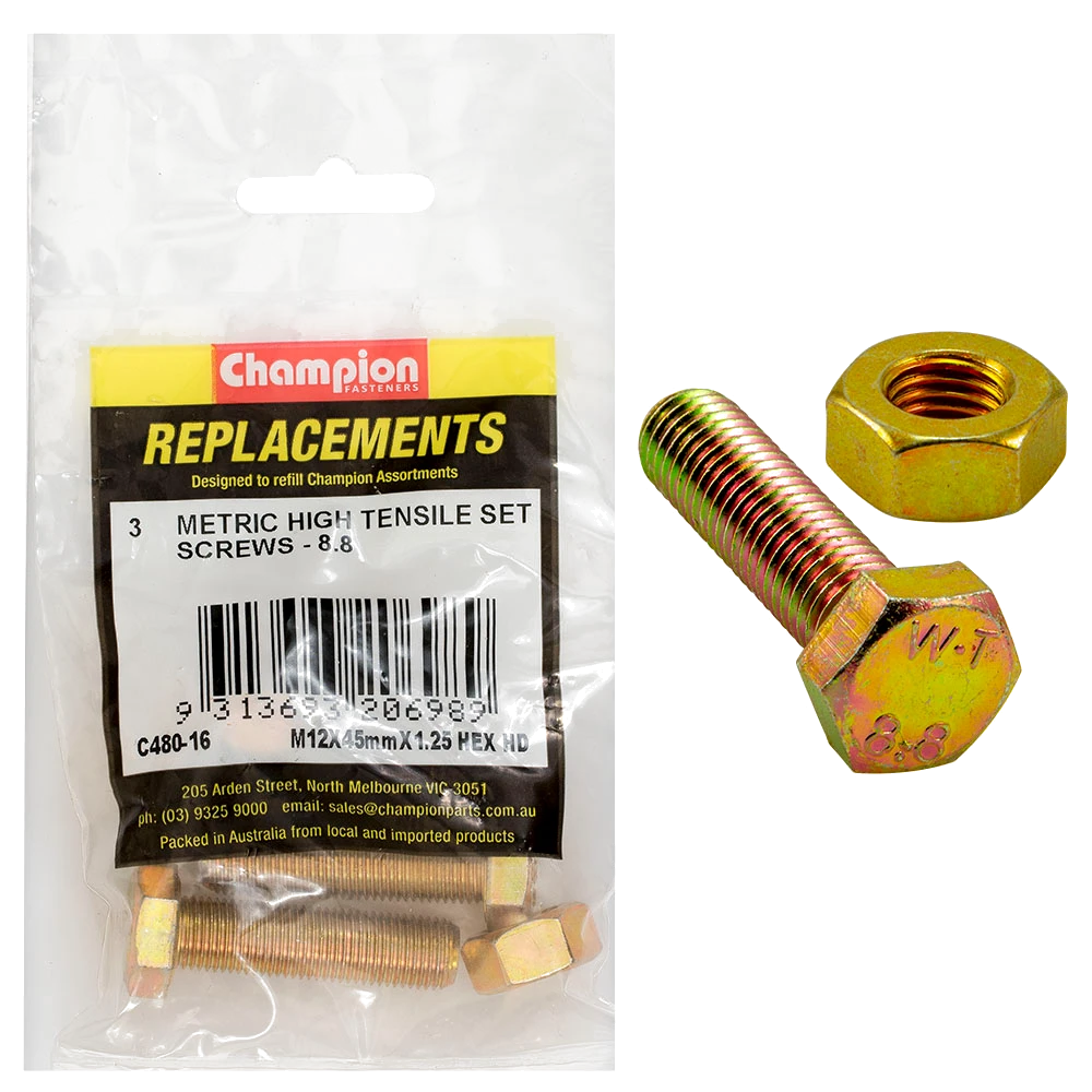 Champion M12 x 45mm x 1.25 Set Screw W/Nut -Gr8.8 -3pk