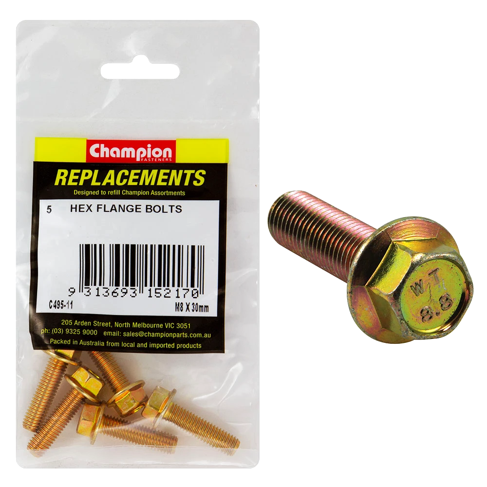 Champion M8 x 30mm Flange Head Set Screw -Gr8.8 -5pk