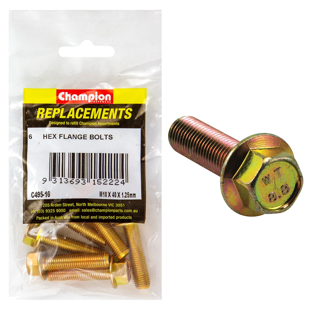 Champion M10 x 40mm x 1.25 Flange Head Set Screw -Gr8.8 -6pk