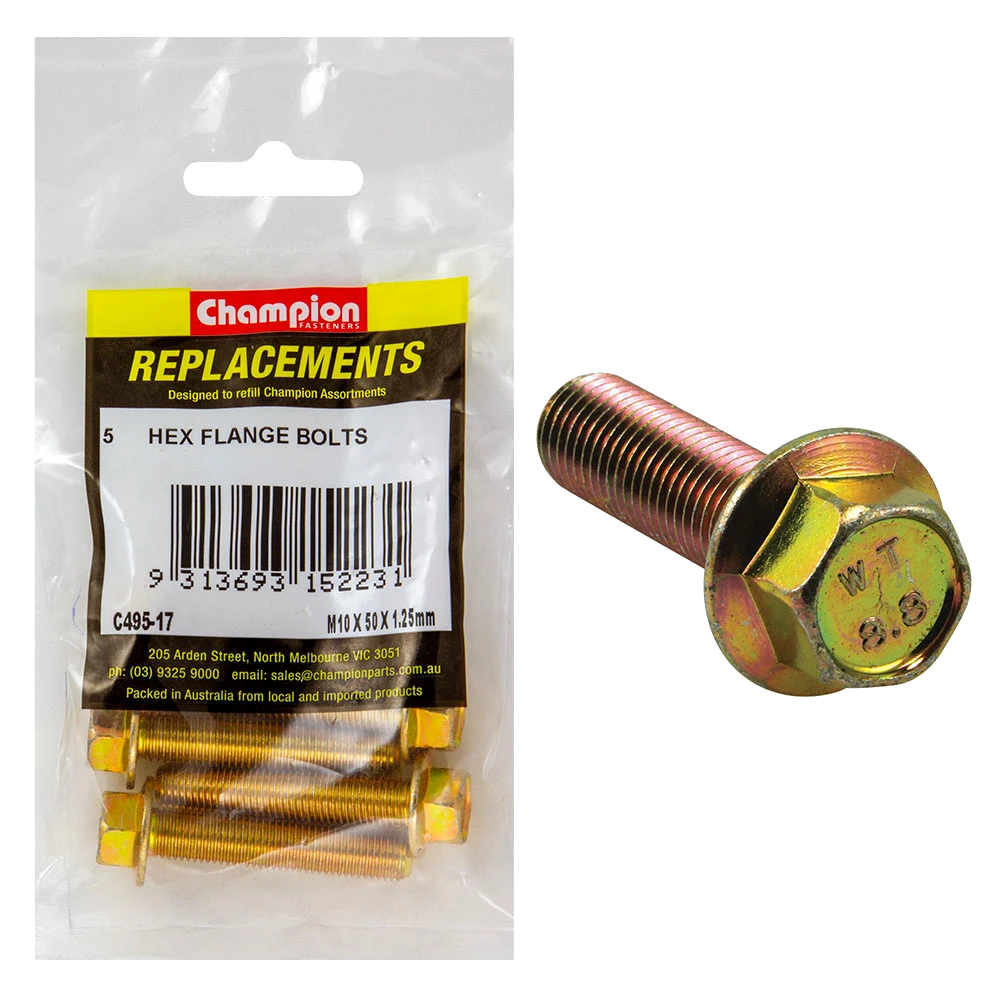 Champion M10 x 50mm x 1.25 Flange Head Set Screw -Gr8.8 -5pk