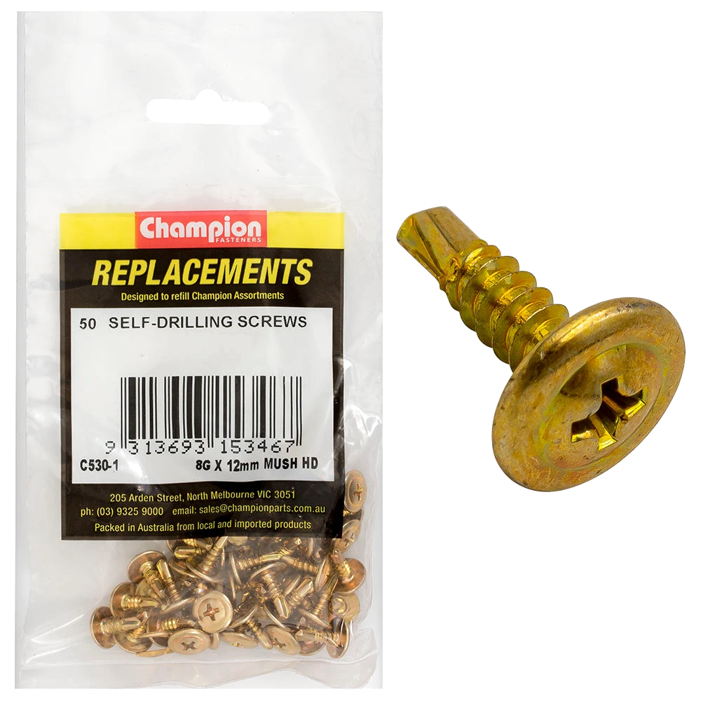 Champion 8G x 12mm Mushroom Head S/Drilling Screw Ph -50pk