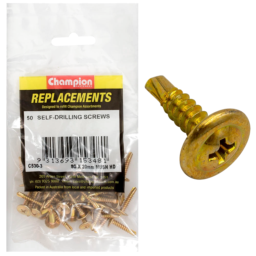 Champion 8G x 20mm Mushroom Head S/Drilling Screw Ph -50pk