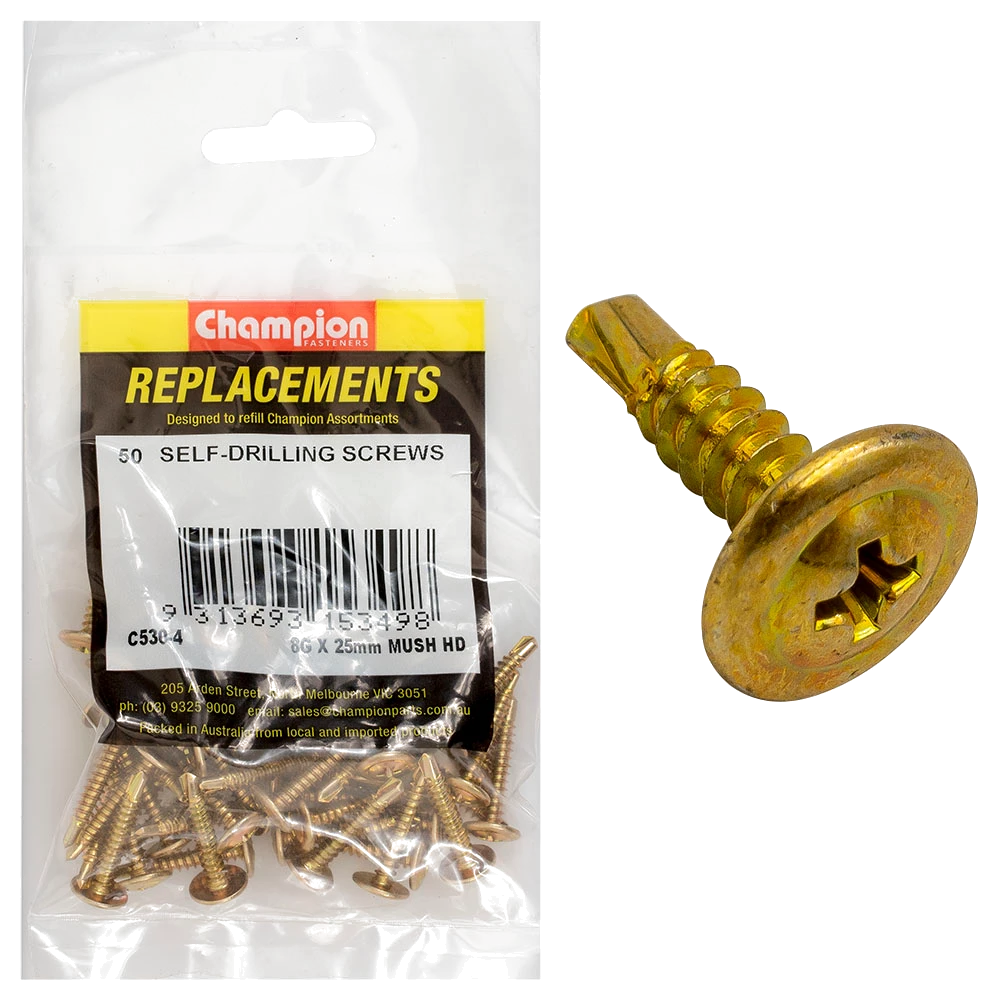 Champion 8G x 25mm Mushroom Head S/Drilling Screw Ph -50pk