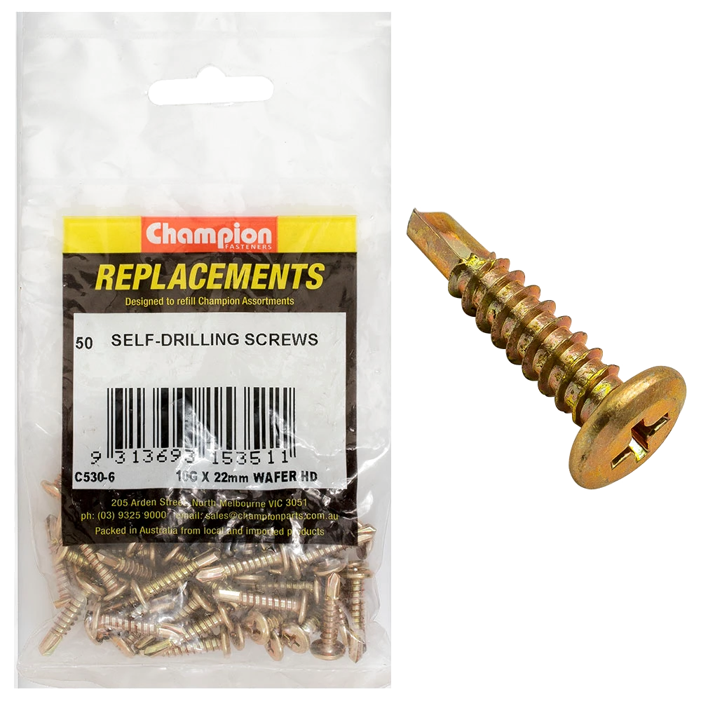 Champion 10G x 22mm Wafer Head S/Drilling Screw Ph -50pk