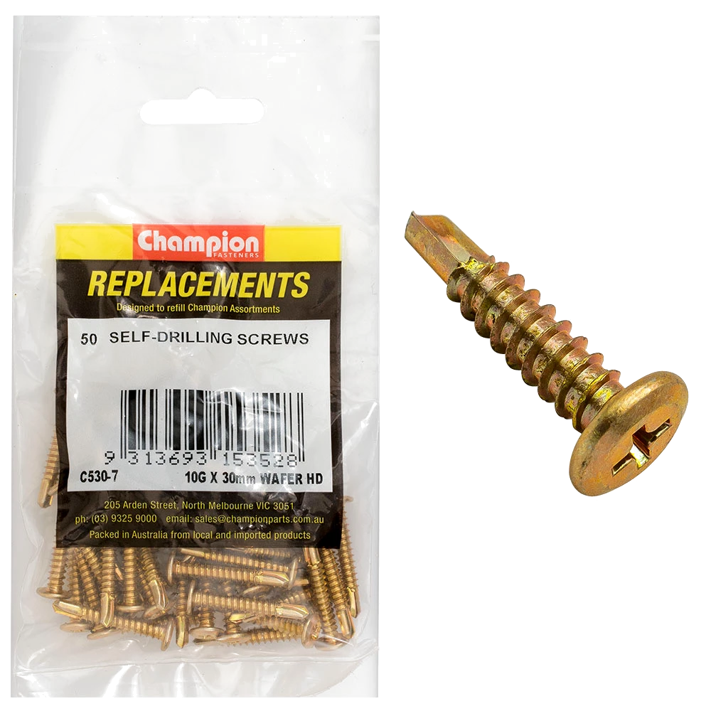 Champion 10G x 30mm Wafer Head S/Drilling Screw Ph -50pk