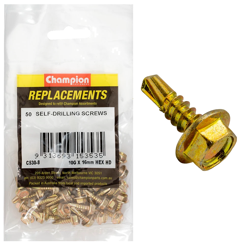 Champion 10G x 16mm Hex Head S/Drilling Screw Ph -50pk