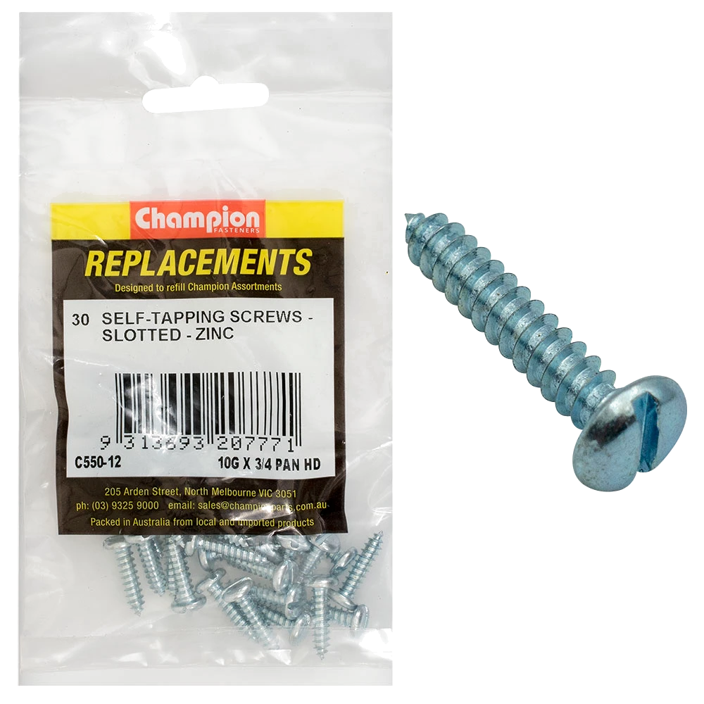 Champion 10G x 3/4in S/Tapping Pan Head Slotted -30pk